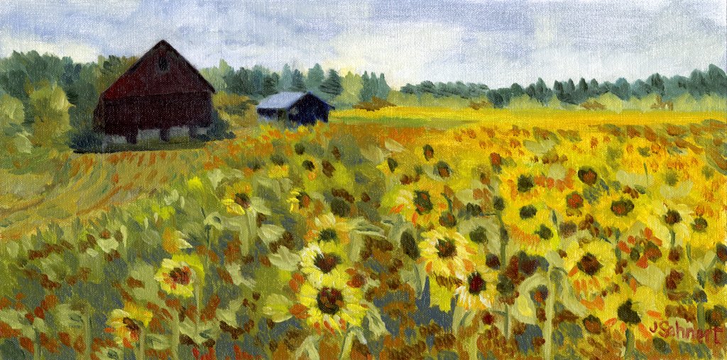 Barn with Sunflowers - 8" x 16"- Oil on Board - SOLD