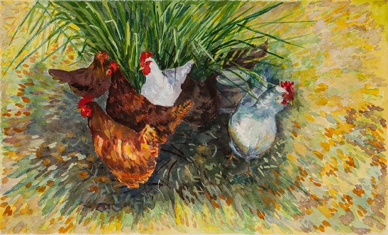 Chickens in the Shade - Arches Paper - 25" x 19"
